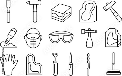 Outline Drawings of Various Woodworking Tools and Safety Gear