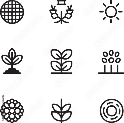 Black and white line art icon set representing agriculture and nature elements plant seedling