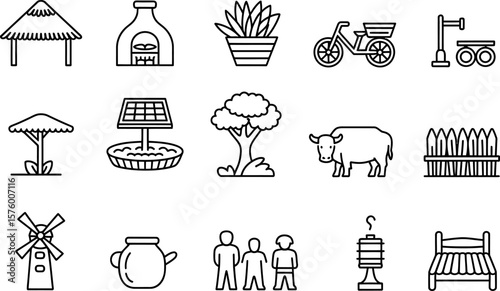 Black and White Farmhouse Icons: Hut Oven Plant Bicycle Solar Panel Tree Cow Fence Windmill Pot