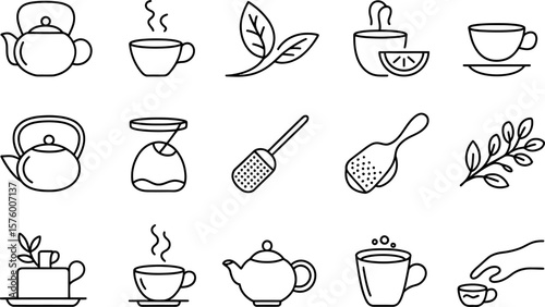 Tea Icons Set Teapots Cups Leaves Tea Infusers Illustration