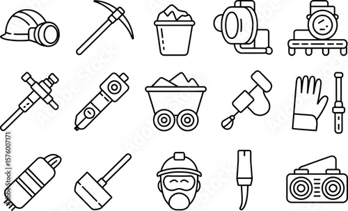 Mining Equipment Icons Helmet, Pickax,e Bucke,t Fa,n Gaug,e Drill Car,t Hammer