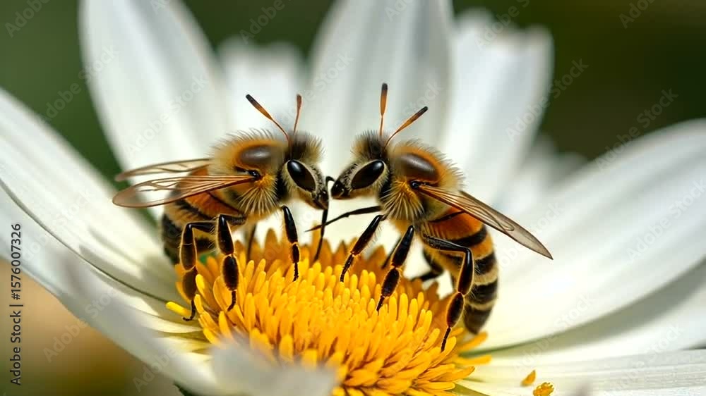 Two bees collecting pollen from daisy