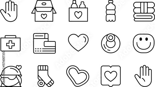 Black and white line icons of hand box heart bottle towel first aid wallet smiley face