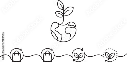 Conceptual illustration of a circular economy for sustainable consumption and growth featuring a shopping bag and a sprouting plant on planet earth