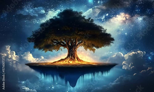 Mystical Tree of Life Rooted in an Enigmatic Floating Island Paradise