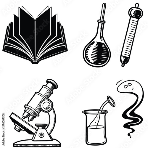 Vector art of a scientific compilation of icons including an open book, microscope, laboratory flasks, beaker, and test tube
