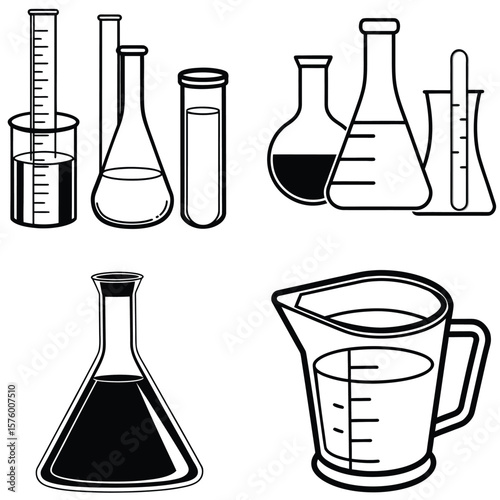 Vector art of a set of scientific laboratory glassware including flasks, beakers, test tubes, and measuring cylinders