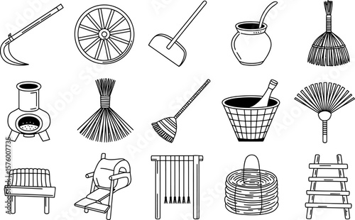 Black and White Farm Tools and Household Items Illustration