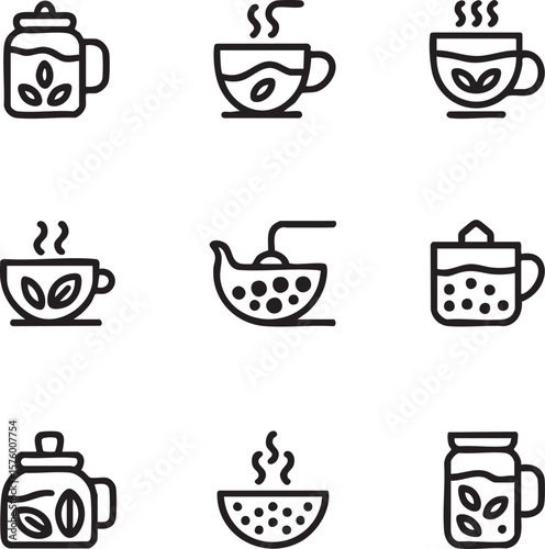 Black line art icon set featuring hot beverages and tea preparation coffee hot drink