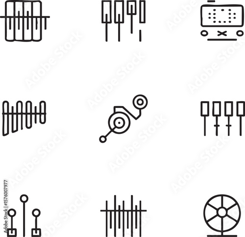 Black line art music and audio icon set with equalizer and synthesizer sound