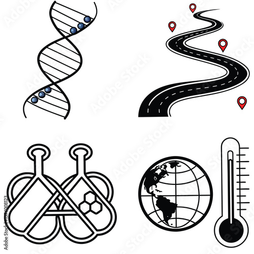 Vector art of scientific imagery including a dna strand, a winding road with location pins, laboratory flasks, and a thermometer with the earth