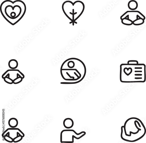 Black outline icon set featuring hearts people and a briefcase on white background human person