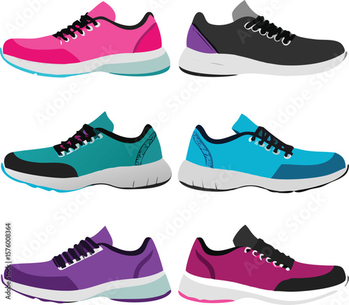 Set of colorful modern sneakers. Vector illustration of running shoes for sports and fitness.
