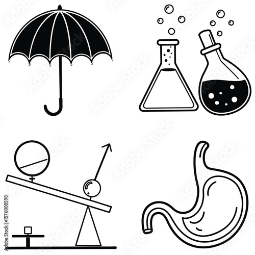 Vector art of a compilation of scientific and conceptual illustrations featuring an umbrella, laboratory flasks, a balance scale, and a stomach