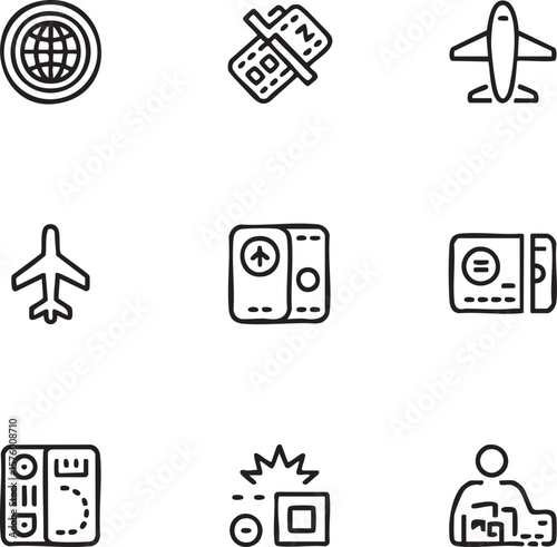 Black outline travel and transportation icon set with globe airplane passport and ticket globe icon airplane icon