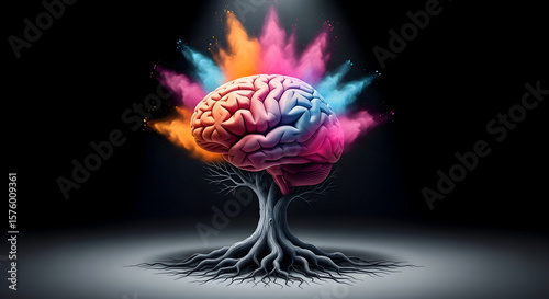 A vibrant human brain forms a tree of thought amidst a colorful explosion of creative energy
