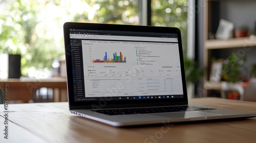 Laptop displaying data analytics charts and graphs on a wooden desk in a cafe.