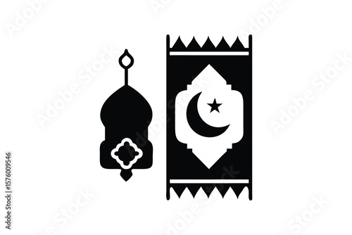 Islamic prayer mat and lantern icon symbolizing ramadan and eid celebrations with crescent moon and star