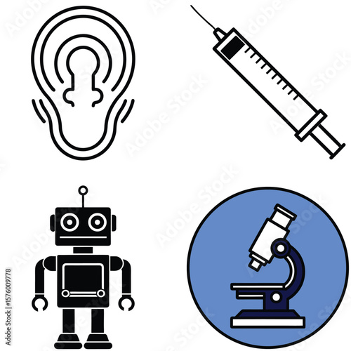 Vector art of a collection of medical and scientific icons including an ear, syringe, robot, and microscope