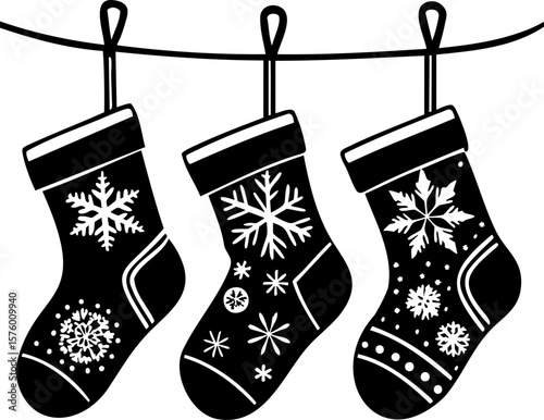 Christmas stocking with snowflake decoration hanging on string, festive holiday decoration for winter celebration