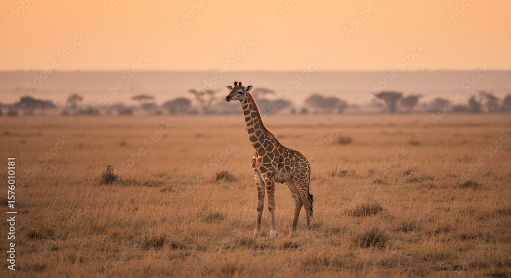 Obraz premium Young giraffe standing alone in the vast African savannah at sunset, showcasing its long neck and distinctive pattern