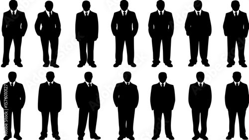 "Grid layout of 12 male business silhouettes in various standing poses, all full-body and evenly spaced. Each figure wears a formal suit and tie, no facial details visible. Black shapes on a white bac