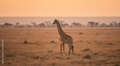 Young giraffe standing alone in the vast African savannah at sunset  showcasing its long neck and distinctive pattern