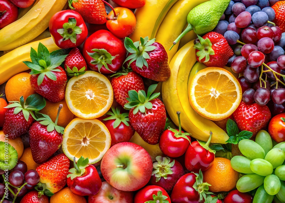 Vibrant assortment of fresh fruits including strawberries bananas oranges grapes and apples Vibrant assortment of fresh fruits including strawberries bananas oranges grapes and apples