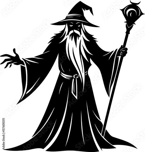 Wizard with long beard and pointed hat holding magical staff casting spell with mysterious expression