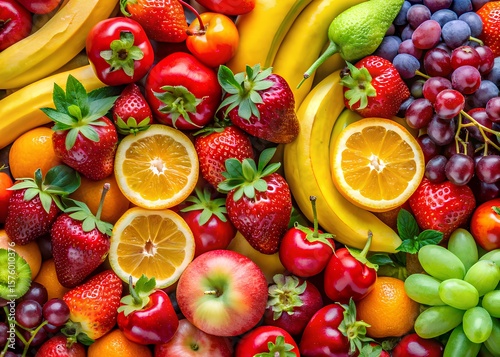 Vibrant assortment of fresh fruits including strawberries bananas oranges grapes and apples
