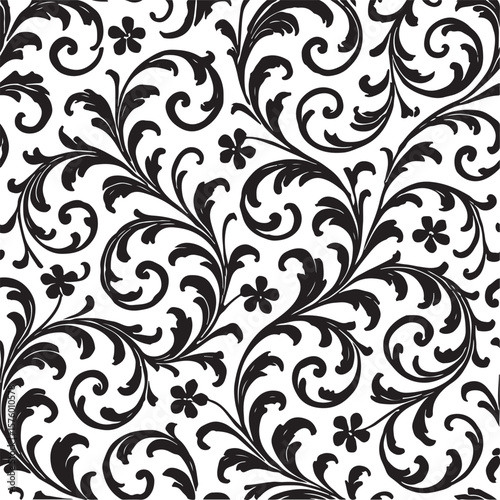 Elegant black and white floral damask pattern with swirling vines and delicate flowers creating a classic and timeless decorative background