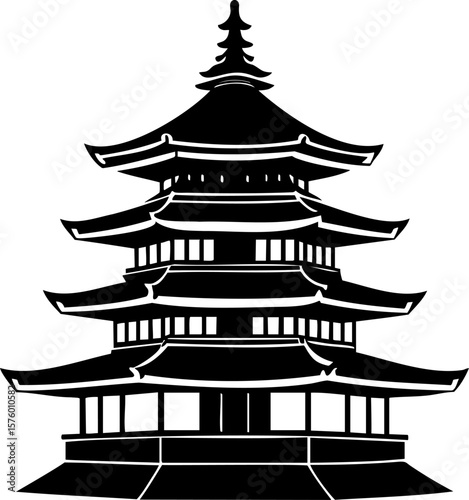 Traditional Asian temple silhouette with tiered roof and ornate architectural design, evoking cultural heritage and historical elegance