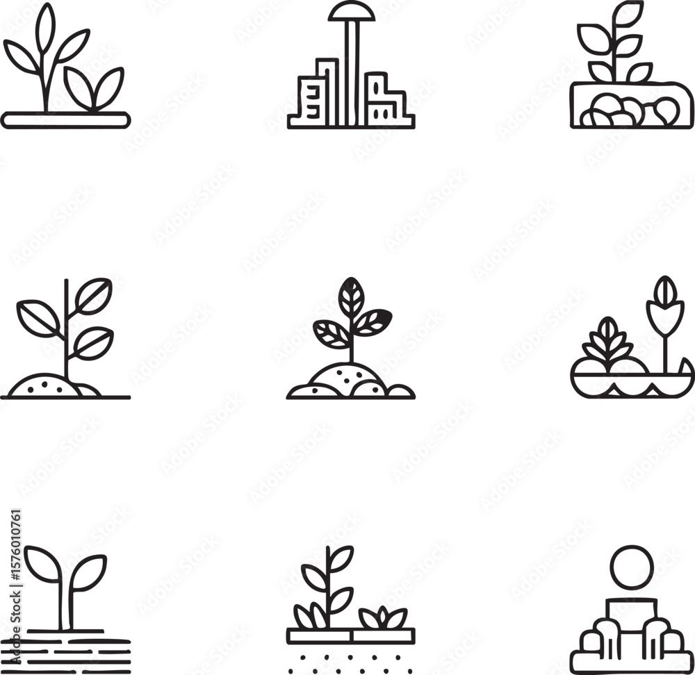 Minimalist line art icon set depicting plant growth and urban development seedling sprout Minimalist line art icon set depicting plant growth and urban development seedling sprout