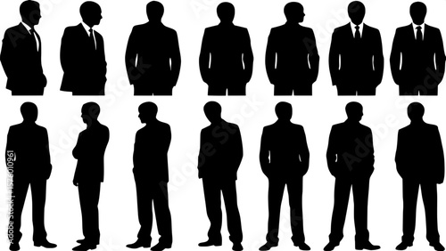 "Twelve black silhouettes of middle-aged businessmen in suits and ties, arranged in a clean 4x3 grid on a plain white background. Each man is in a different full-body pose — some with hands in pockets