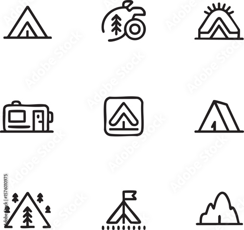 Minimalist line art icon set featuring camping and outdoor adventure themes tent caravan