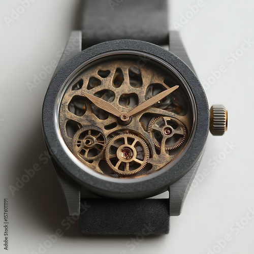 Detailed view of a contemporary timepiece with intricate, visible movement