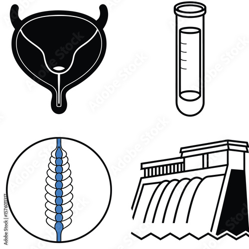 Vector art of a collection of medical and engineering icons including a bladder, test tube, spine, and dam