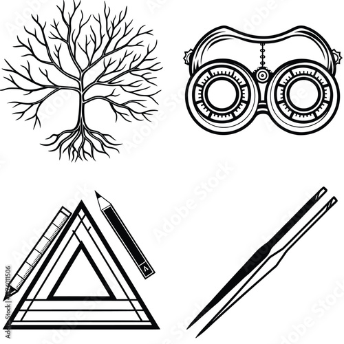 Vector art of a set of icons featuring a bare tree, binoculars, drawing tools, and sewing needles symbolizing nature, observation, and craft