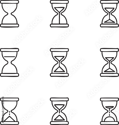 Nine black line art hourglass icons showing different stages of sand flow sand timer time