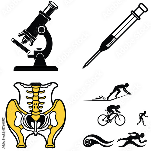 Vector art of scientific and athletic icons featuring a microscope, syringe, pelvis, and athletes engaged in various sports