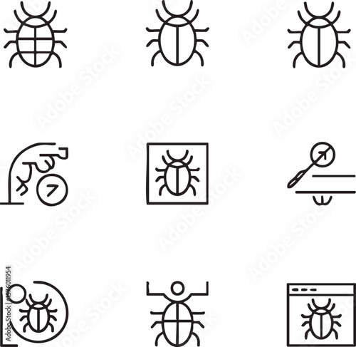 Nine minimalist black line art icons depicting bugs and bug fixing concepts bug icon insect icon