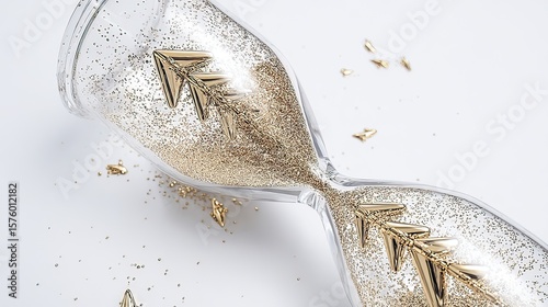 Tilted gold glitter hourglass; Christmas trees; white background; time concept