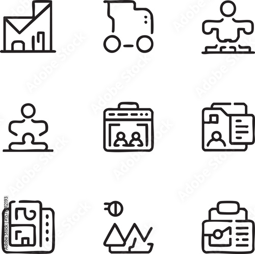 Nine minimalist black line art icons depicting business and personal concepts icon set finance
