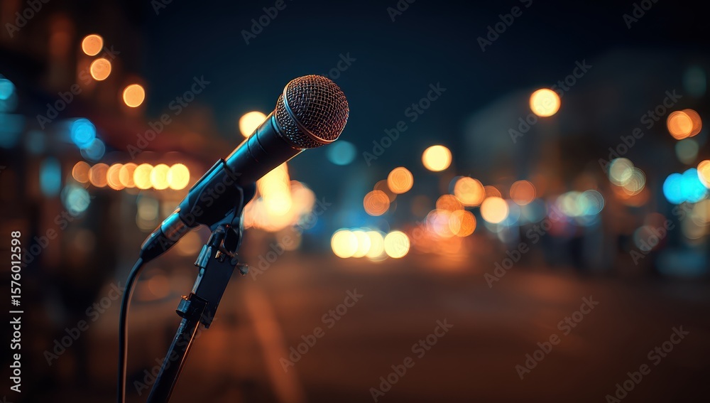 Obraz premium Microphone sits onstage, lights blurred. Night scene with an atmospheric glow