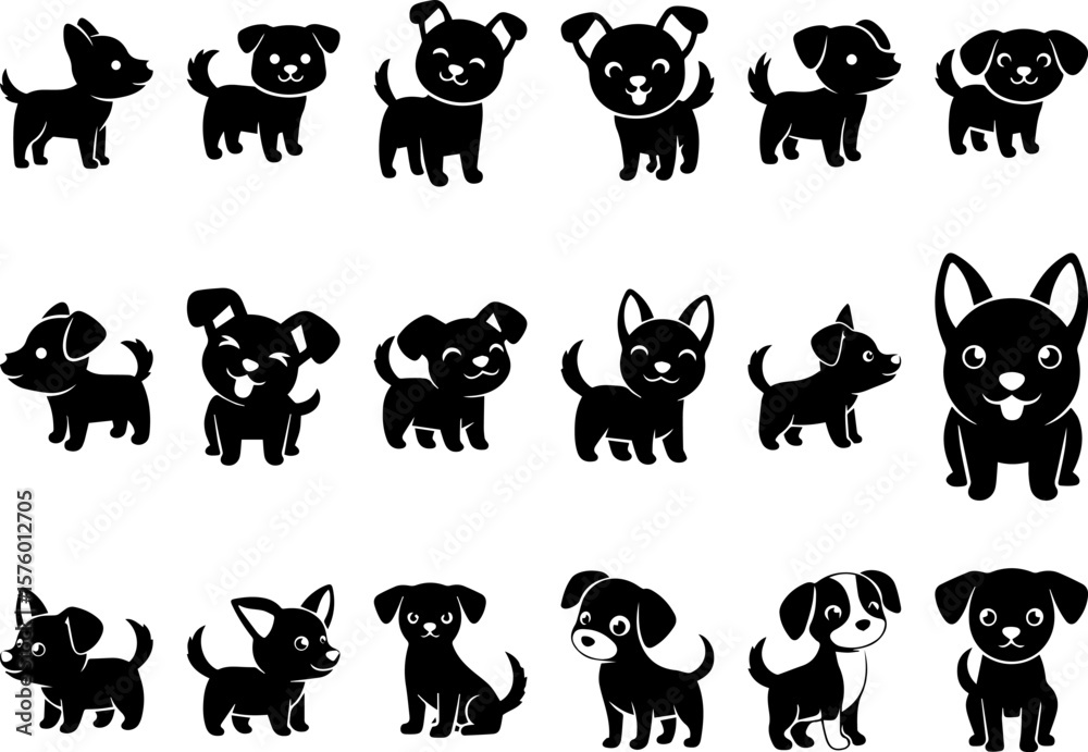 Obraz premium Adorable Kawaii Black Silhouette Puppy Icons: EPS Vector Illustration Set for Design