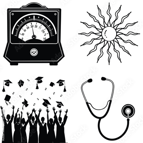 Vector art of a collage of educational and medical symbols featuring a graduation celebration, a sun, a stethoscope, and a scientific measuring device