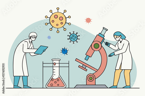 vector illustration of scientists in a laboratory conducting experiments. Include microscope
