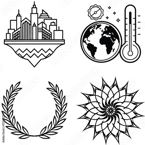 Vector art of a compilation of global and symbolic imagery including a cityscape, the earth with a thermometer, and a laurel wreath