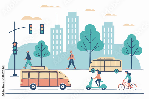 vector of a busy modern city scene with people walking