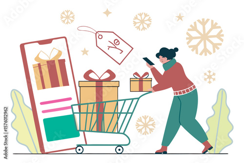 vector of a person buying holiday gifts online via mobile app